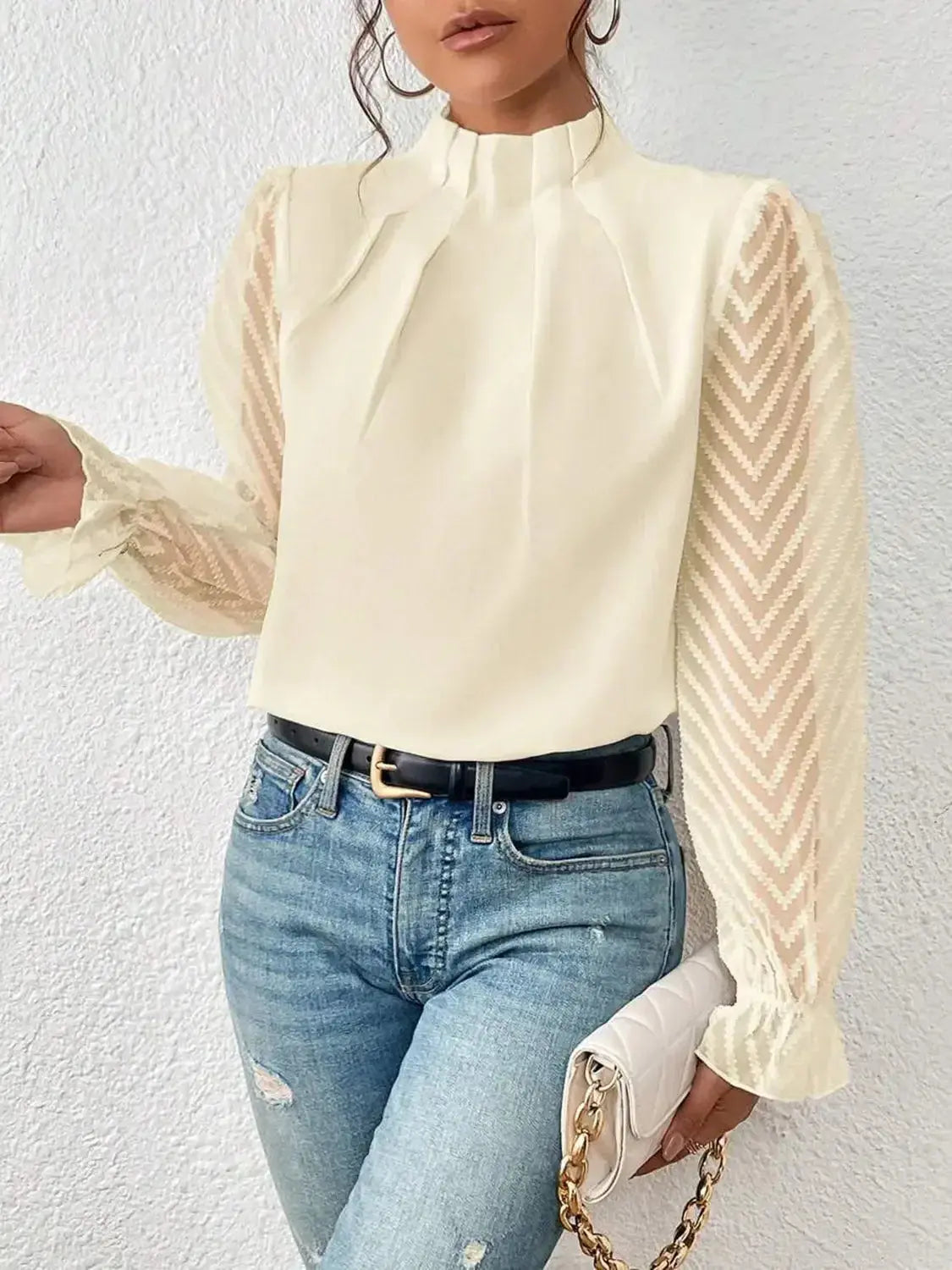 Mock Neck Flounce Sleeve Blouse - Plush Fashion Hub