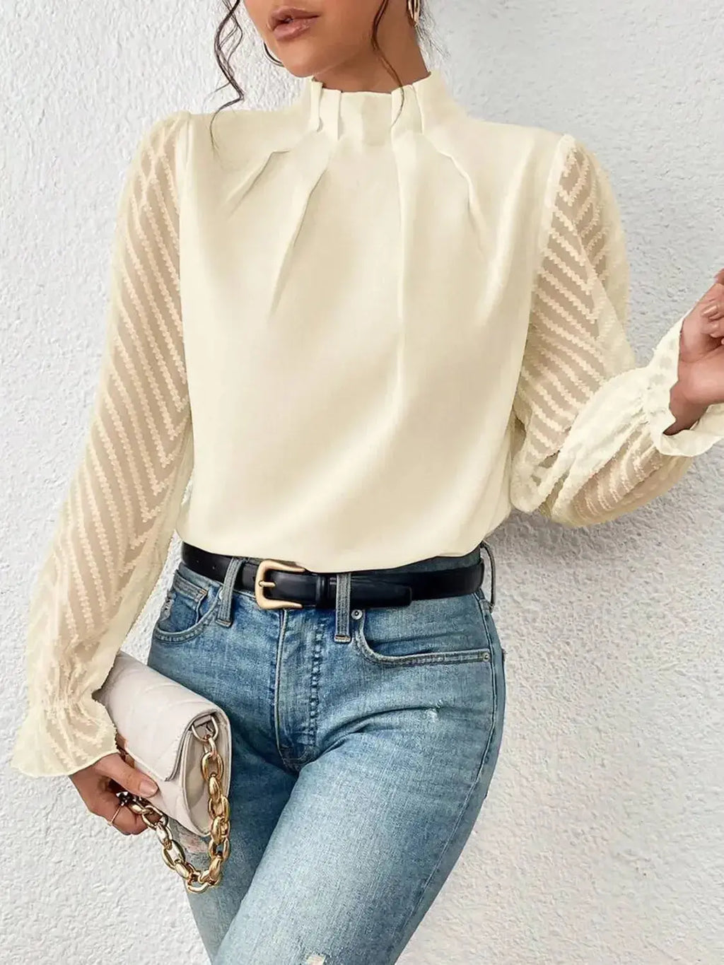 Mock Neck Flounce Sleeve Blouse - Plush Fashion Hub