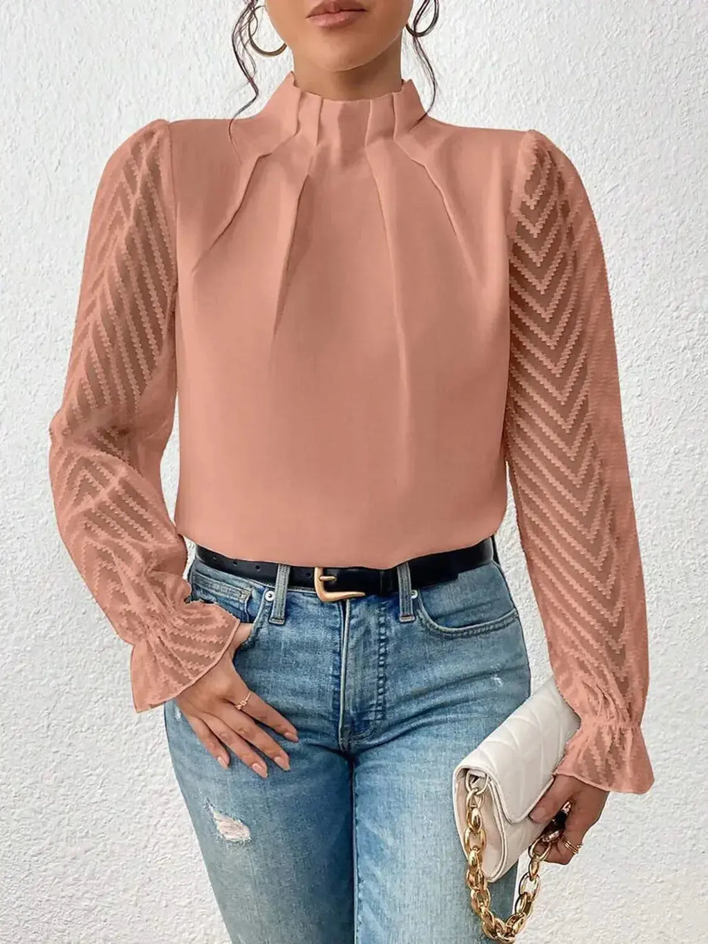 Mock Neck Flounce Sleeve Blouse - Plush Fashion Hub