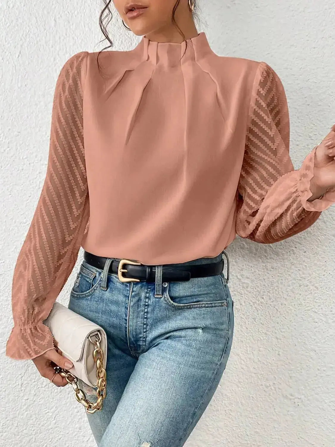 Mock Neck Flounce Sleeve Blouse - Plush Fashion Hub
