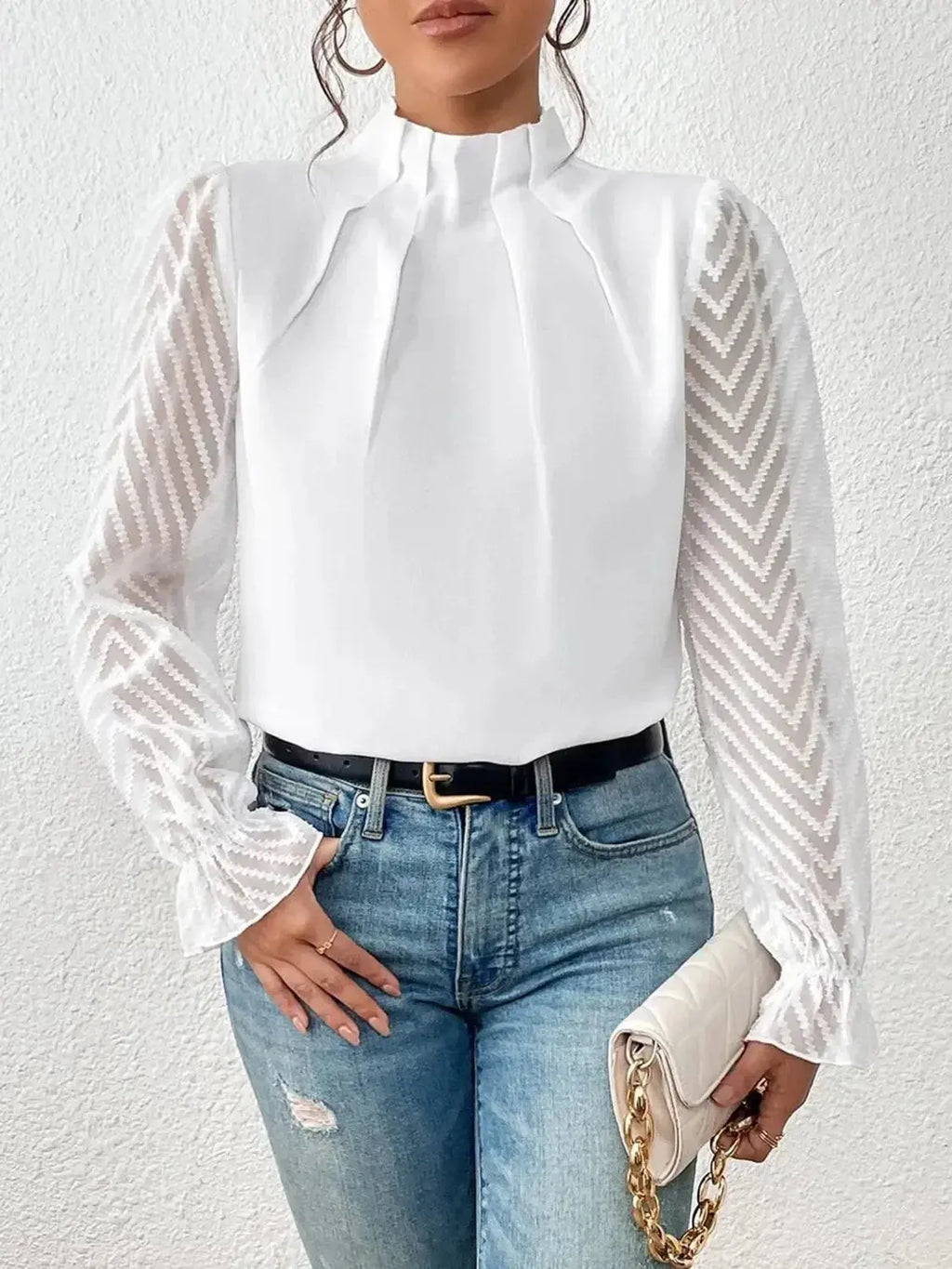 Mock Neck Flounce Sleeve Blouse - Plush Fashion Hub