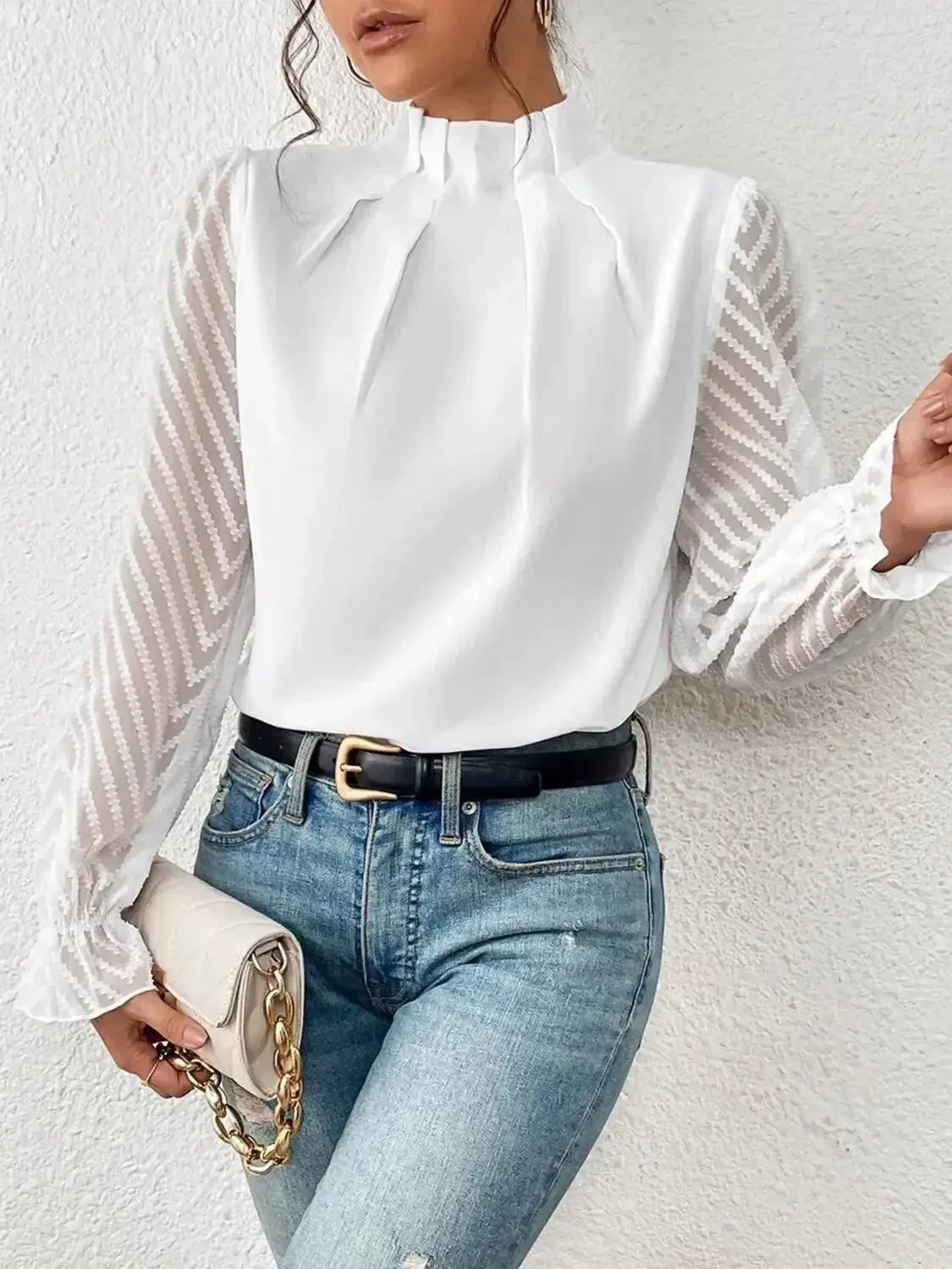 Mock Neck Flounce Sleeve Blouse - Plush Fashion Hub