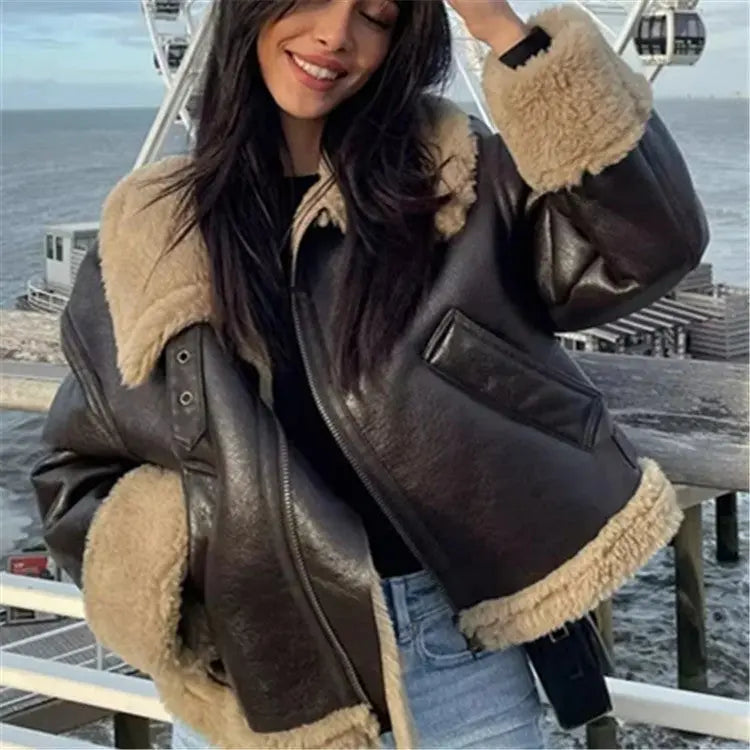 Motorcycle Clothing Women Winter Fur Coat Zipper Jacket Thickened Clothes Perfecsy