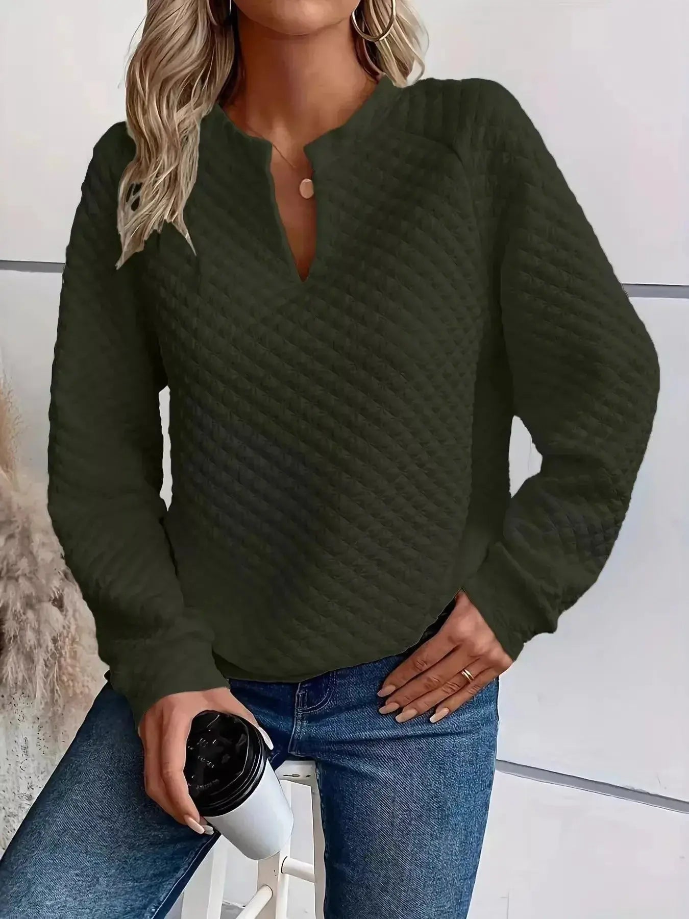 Notched Raglan Sleeve Sweatshirt - Plush Fashion Hub