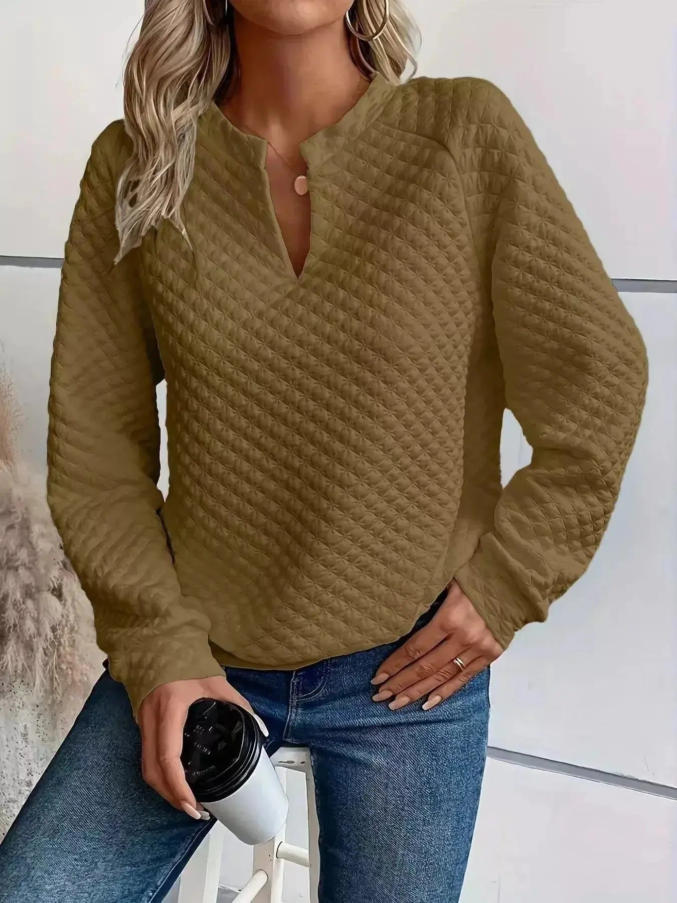 Notched Raglan Sleeve Sweatshirt - Plush Fashion Hub
