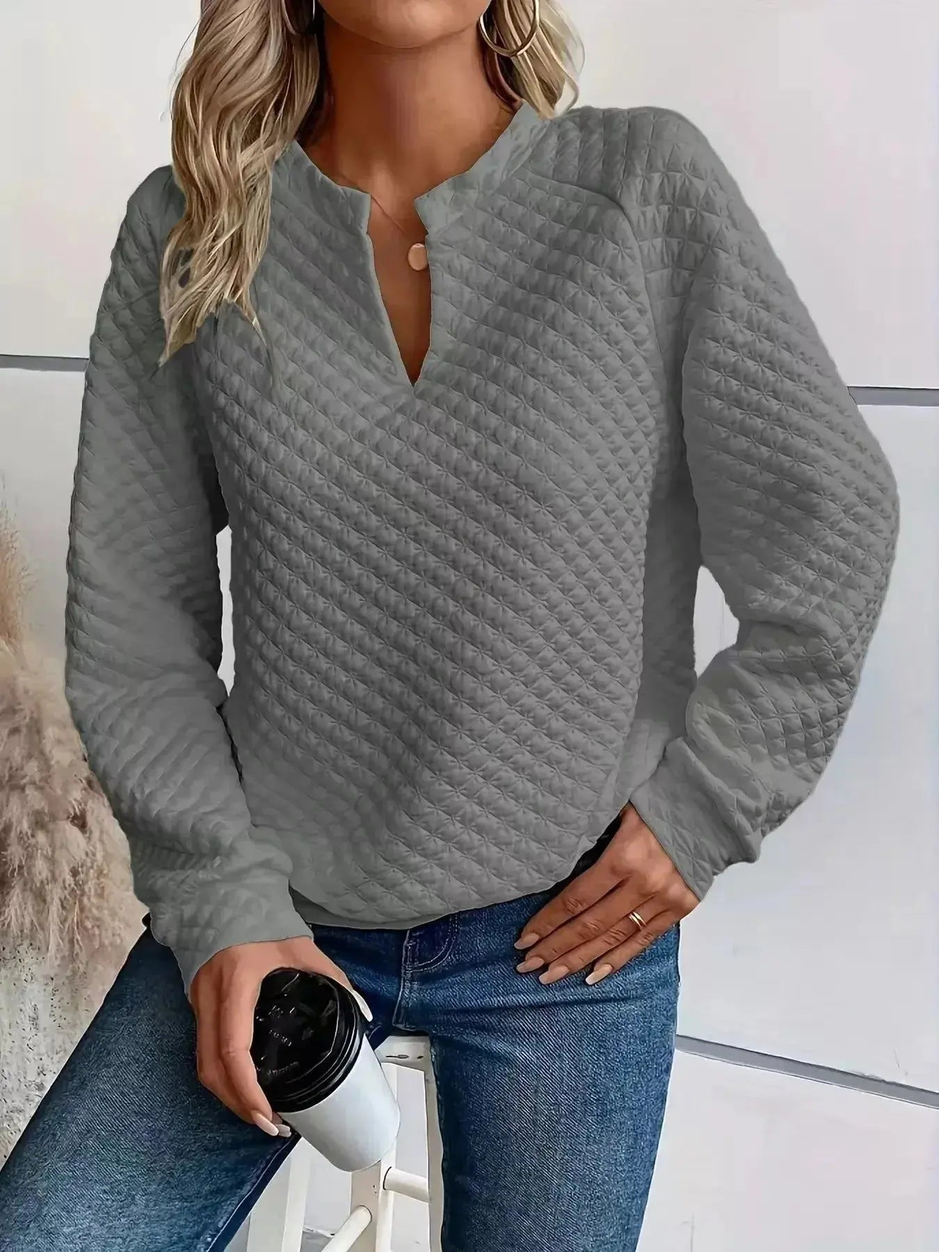Notched Raglan Sleeve Sweatshirt - Plush Fashion Hub