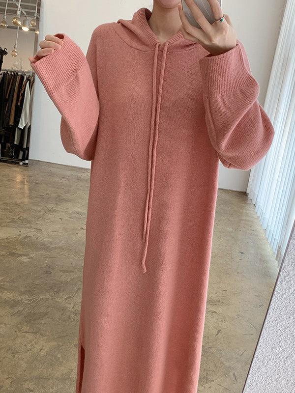Loose Long Split-side Hooded Knit Dress Plush Fashion Hub