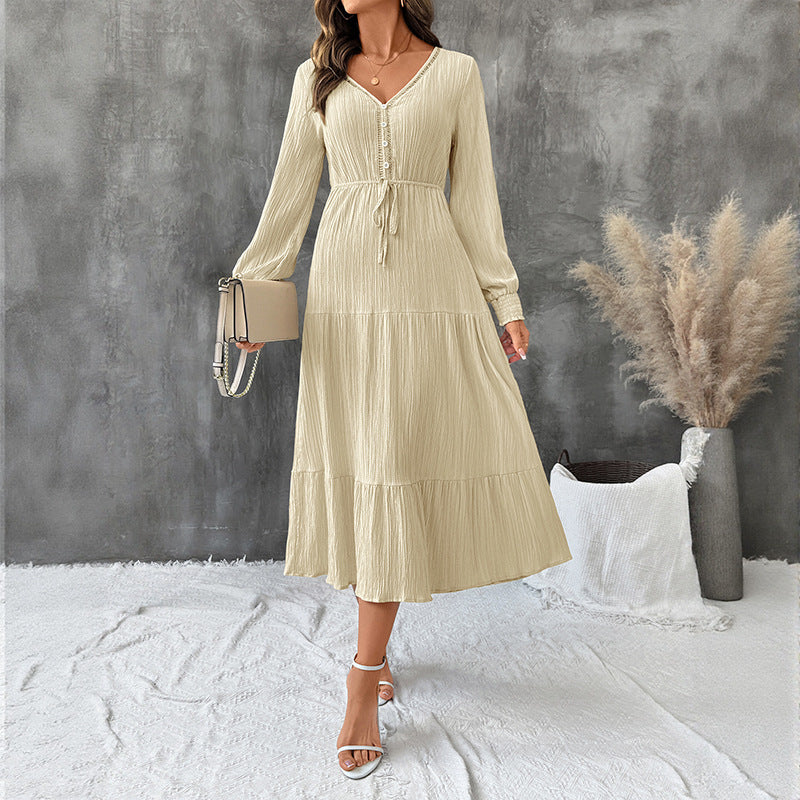 Autumn Elegant Long Sleeve Pleated V neck Solid Color Dress Bella Mia