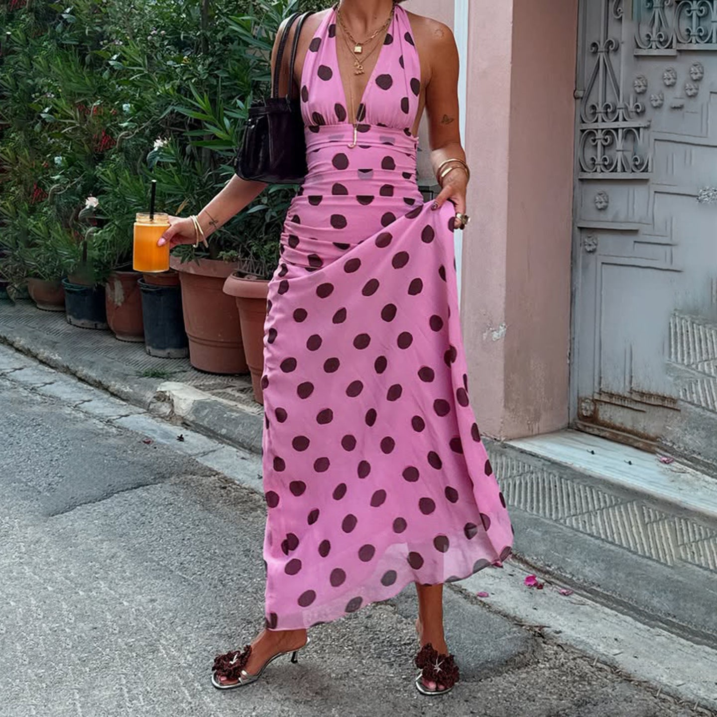 Casual Vacation Polka Dot V neck Halter Dress Women Backless Lace up Waist Slimming Maxi Dress Bella Mia