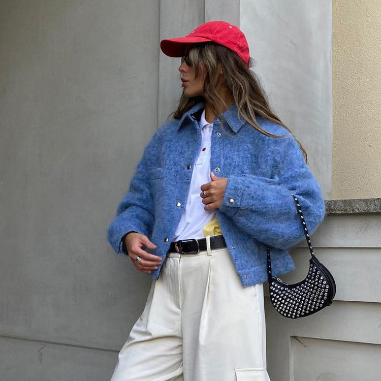 Women Clothing Winter Klein Blue Collared Long Sleeved Woolen Coat All Matching Small Jacket Perfecsy