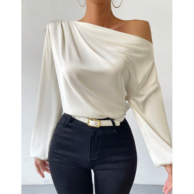 Oblique Shoulder Design Long Sleeve Shirt Women Asymmetric Pullover Top Solid Color Satin Long Bella Mia