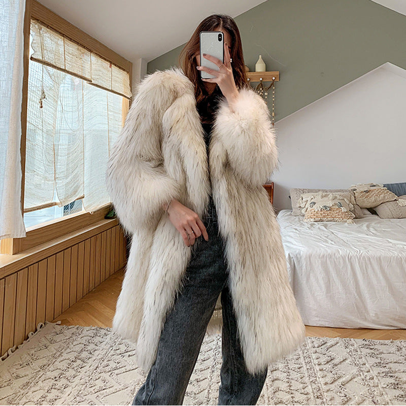 Women Raccoon Fur Coat Women Long Fox Fur Collar Fur Coat Loose Casual Trench Coat Perfecsy