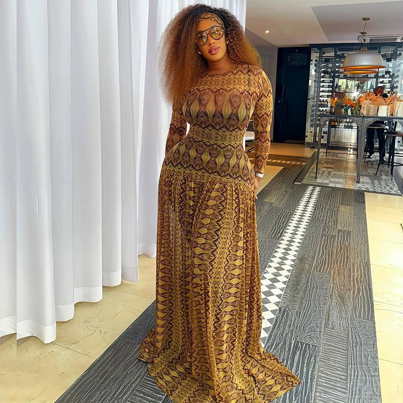 Elegant Retro Women Waist Slimming Micro Transparent A line Printing round Neck Long Sleeved Dress Bella Mia