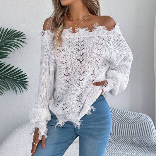 Autumn Winter Solid Color Hollow Out Cutout out Long Sleeve Cut off Shoulder Pullover Sweater Women Clothing Bella Mia