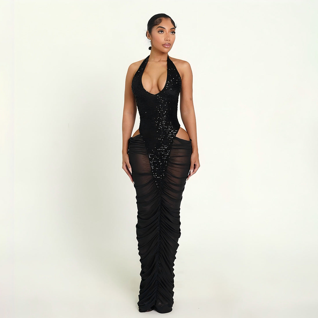 Autumn Winter Women Clothing Fashionable Sequ Stitching Sexy Mesh See through Ruffle Hip Dress Bella Mia