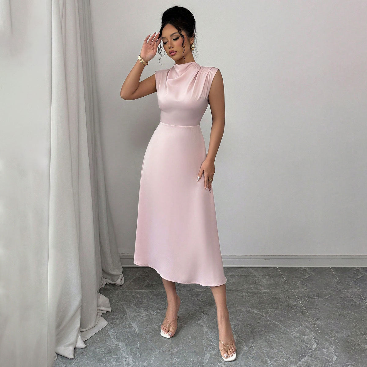 Women Clothing Summer Satin Women Pleated Satin Mid Length A line Dress Bella Mia