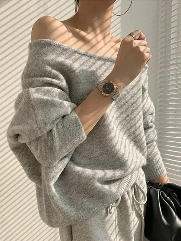 One-shoulder Loose Long-sleeved Knitted Sweater Plush Fashion Hub