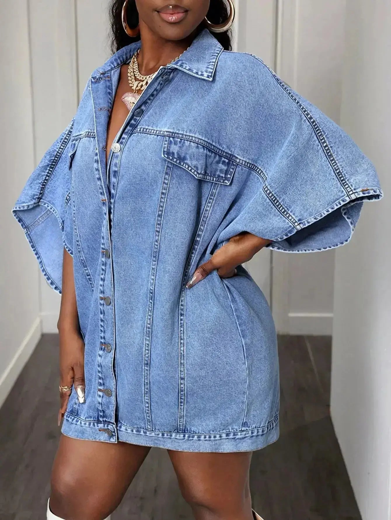 Oversized Batwing Sleeve Denim Top - Plush Fashion Hub
