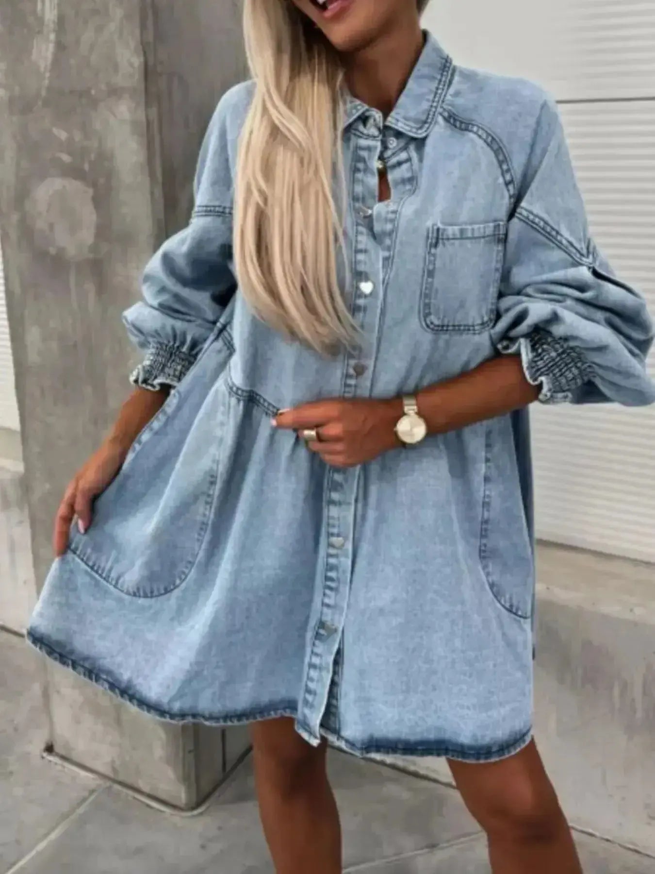 Oversized Long Sleeve Button-Up Denim Dress - Plush Fashion Hub