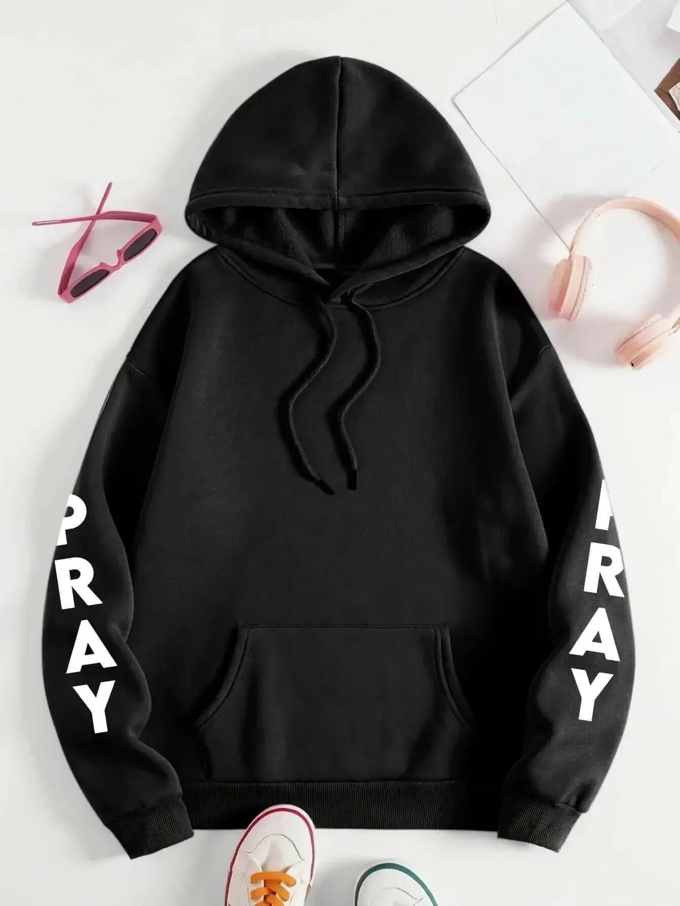 PRAY Print Plus Size Kangaroo Pocket Hoodie - - Plush Fashion Hub
