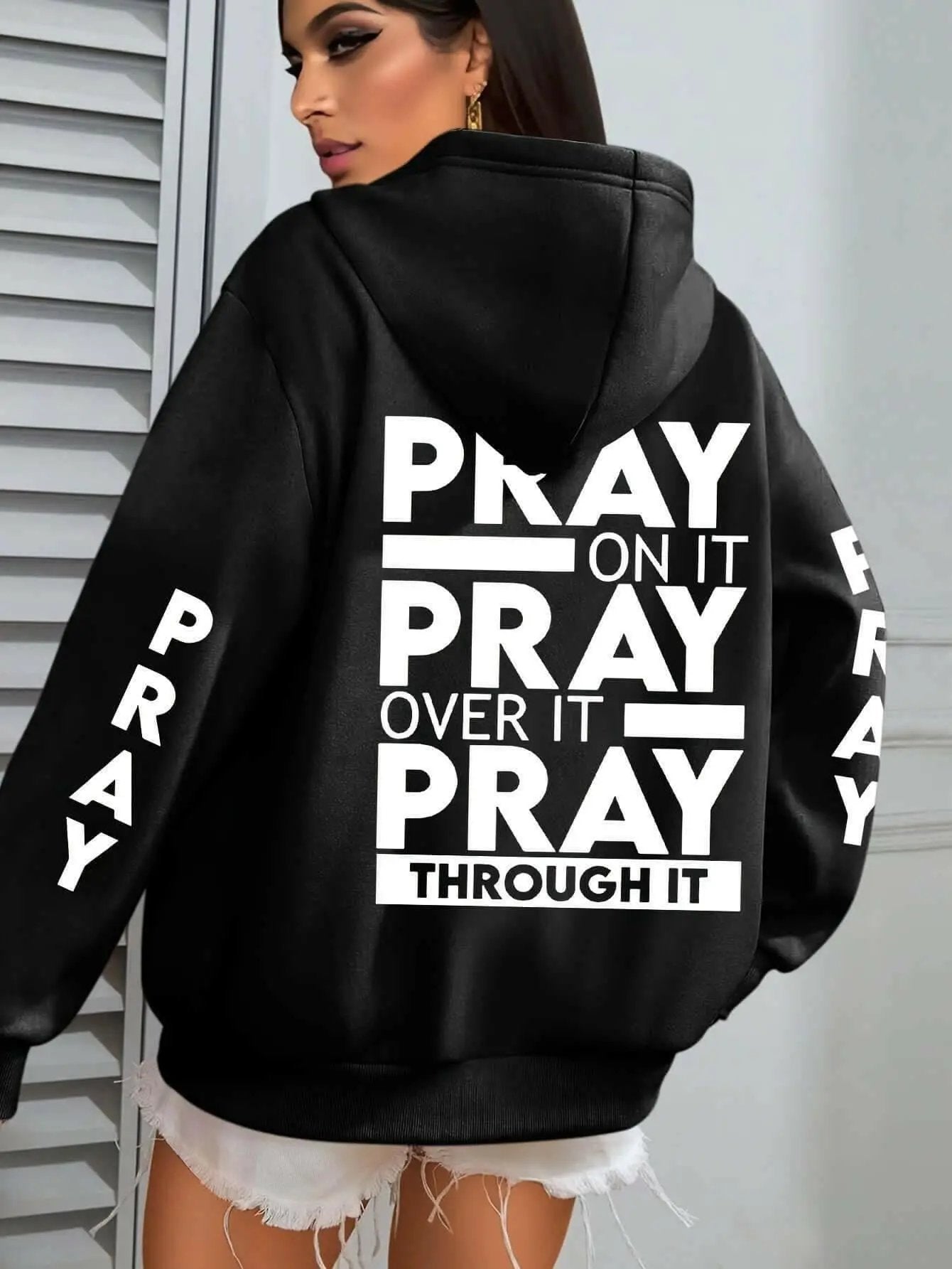 PRAY Print Plus Size  Kangaroo Pocket Hoodie -.
