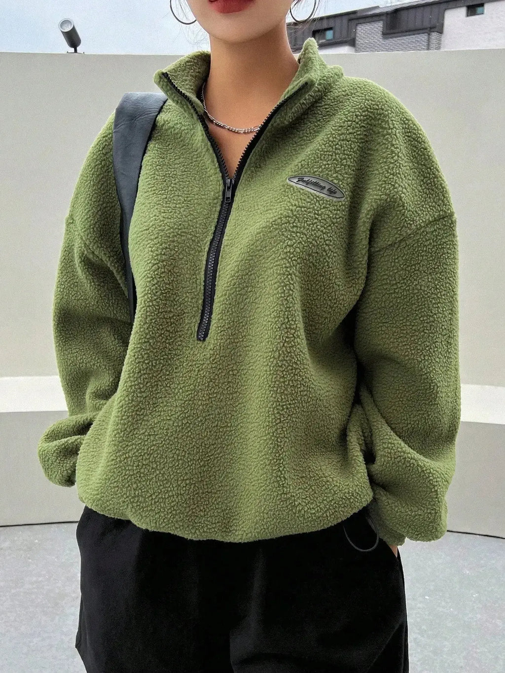 Patched Detail Drop Shoulder Half Zip Fleece Sweatshirt - Plush Fashion Hub