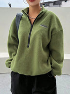 Patched Detail Drop Shoulder Half Zip Fleece Sweatshirt - Plush Fashion Hub