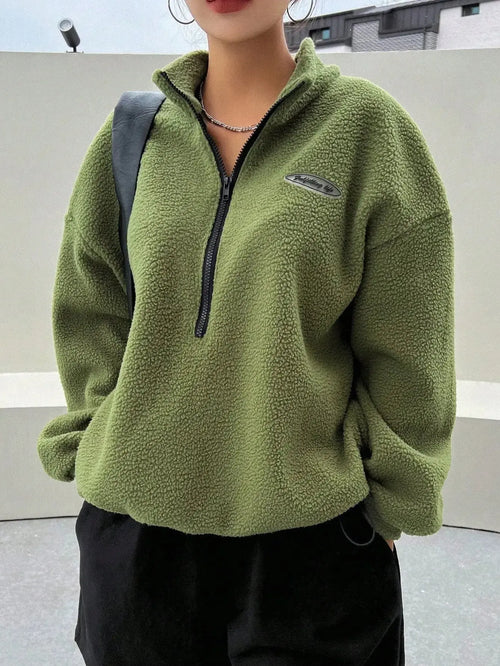 Patched Detail Drop Shoulder Half Zip Fleece Sweatshirt - Plush Fashion Hub