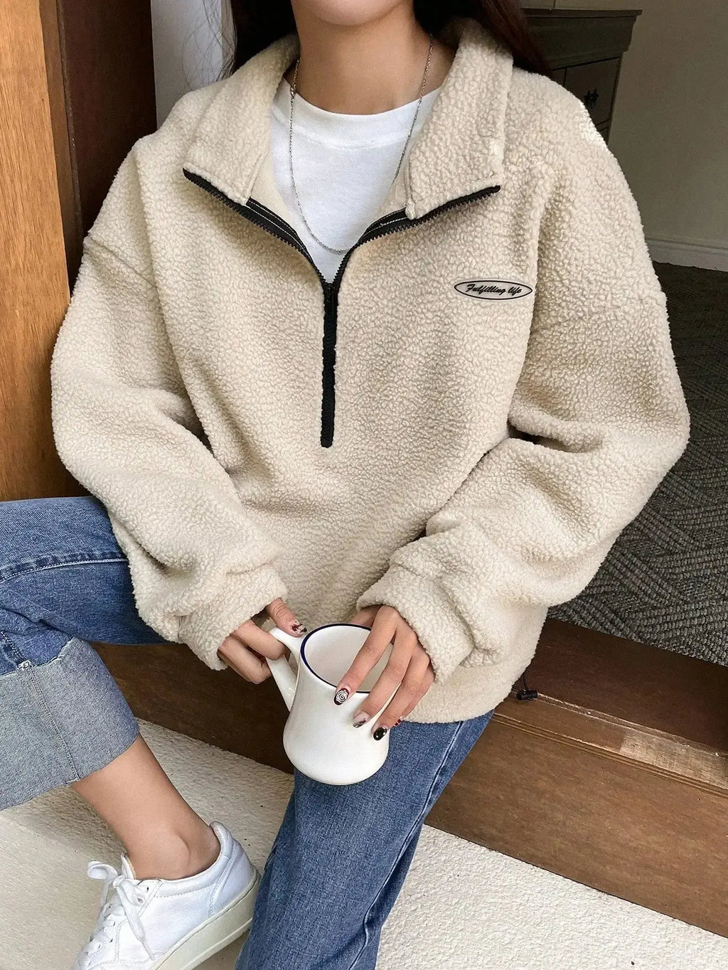 Patched Detail Drop Shoulder Half Zip Fleece Sweatshirt - Plush Fashion Hub