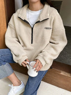 Patched Detail Drop Shoulder Half Zip Fleece Sweatshirt - Plush Fashion Hub