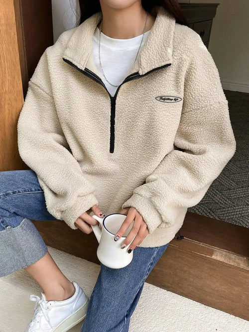 Patched Detail Drop Shoulder Half Zip Fleece Sweatshirt - Plush Fashion Hub