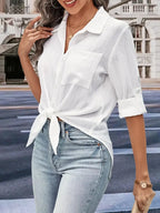 Perfee Collared Neck Half Sleeve Twisted Shirt - Plush Fashion Hub