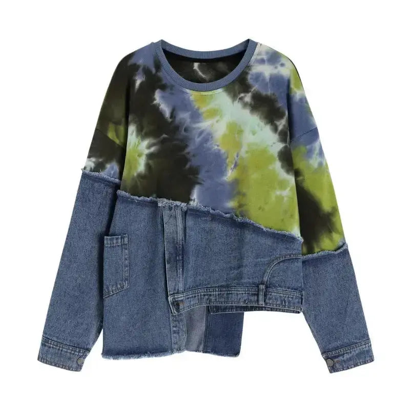 Personalized Color Tie-dye Loose Denim Stitching Long-sleeved Sweater - Plush Fashion Hub