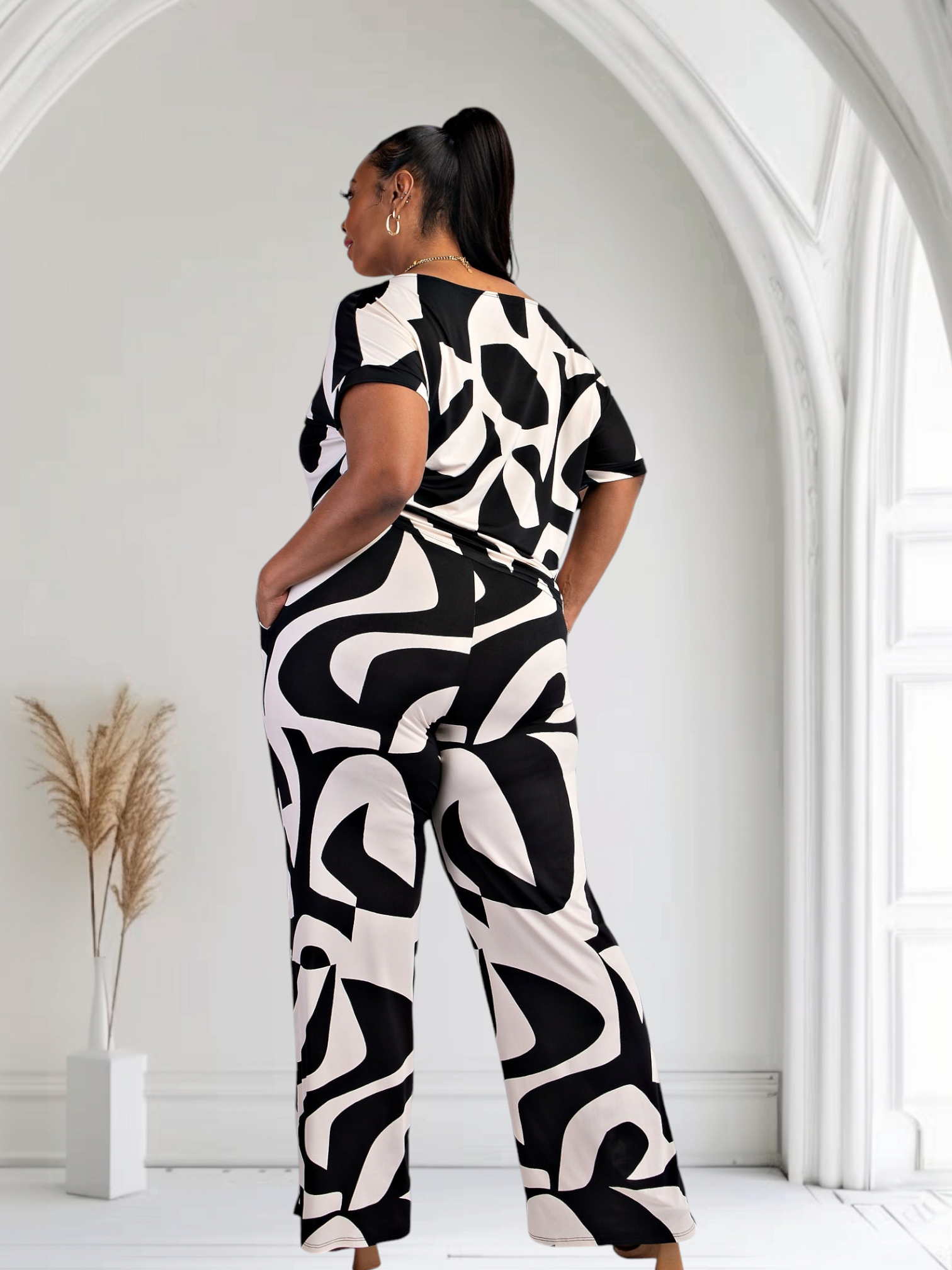Lori Print Black and White Matching Plus Size Pants Set With Pockets Fasheabe