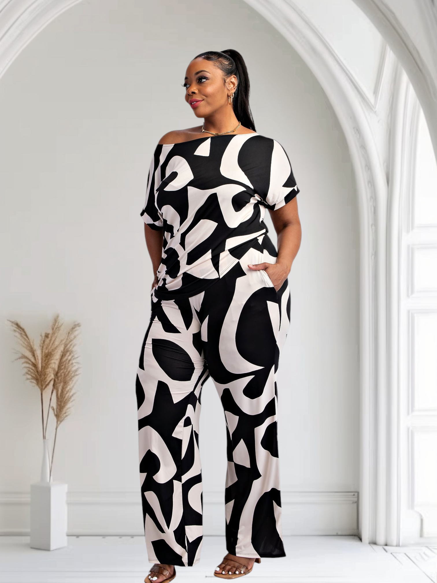 Lori Print Black and White Matching Plus Size Pants Set With Pockets Fasheabe