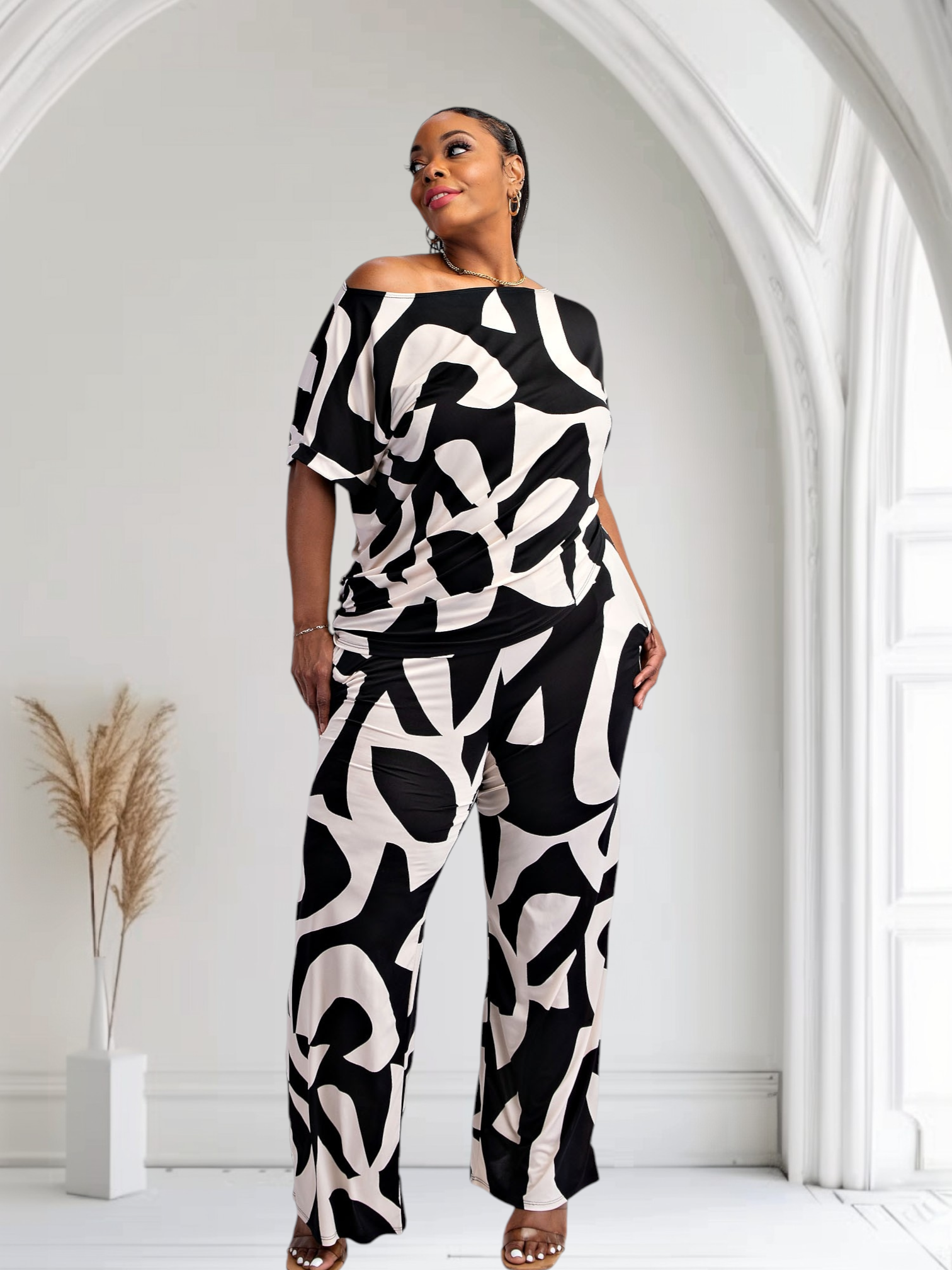 Lori Print Black and White Matching Plus Size Pants Set With Pockets Fasheabe