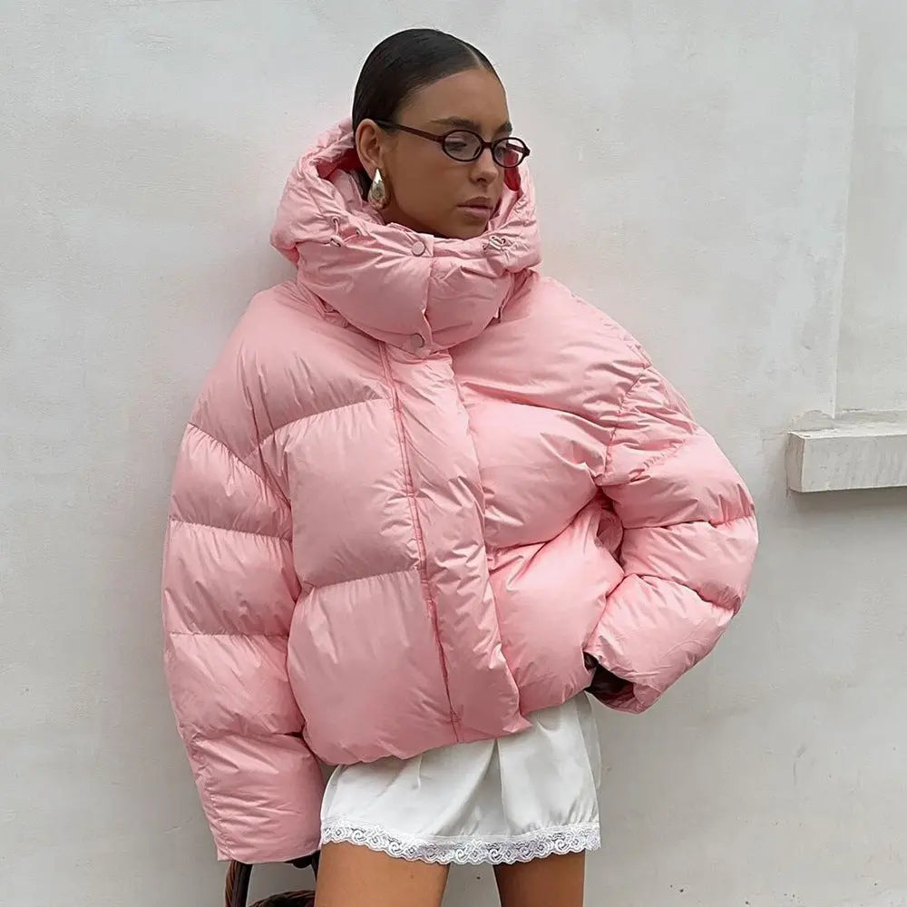Pink Hooded Cotton Jacket Winter Thickened Puffer Jacket Coat Thermal Cotton Padded Coat Perfecsy