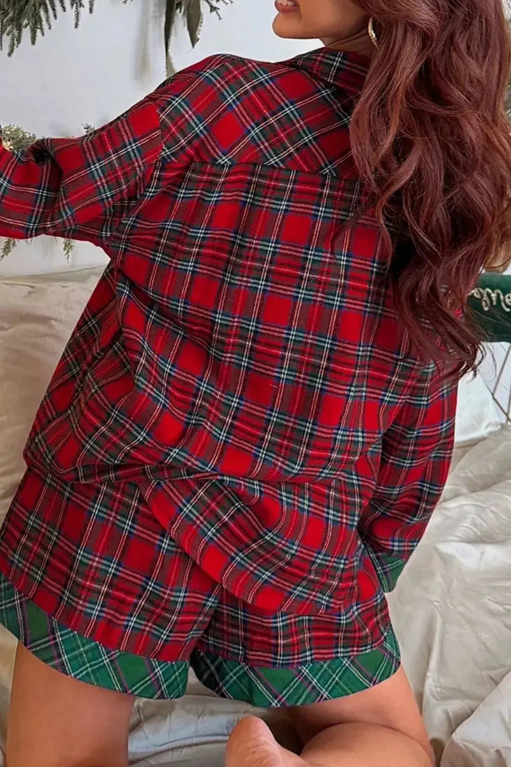 Plaid Christmas Holiday Long Sleeve Shirt and Short 2pcs Pajama Set - Plush Fashion Hub