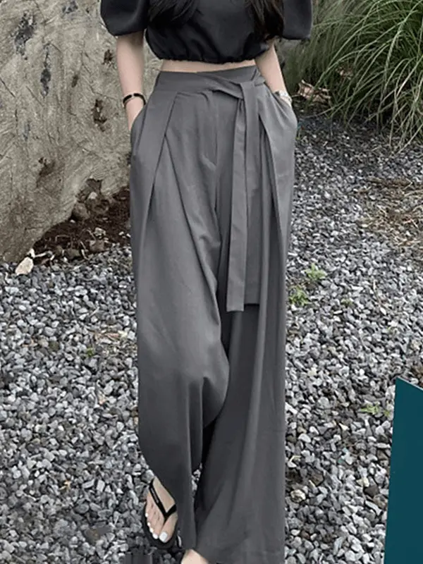 Pleated Asymmetrical Ties High-waisted Wide-leg Pants Plush Fashion Hub