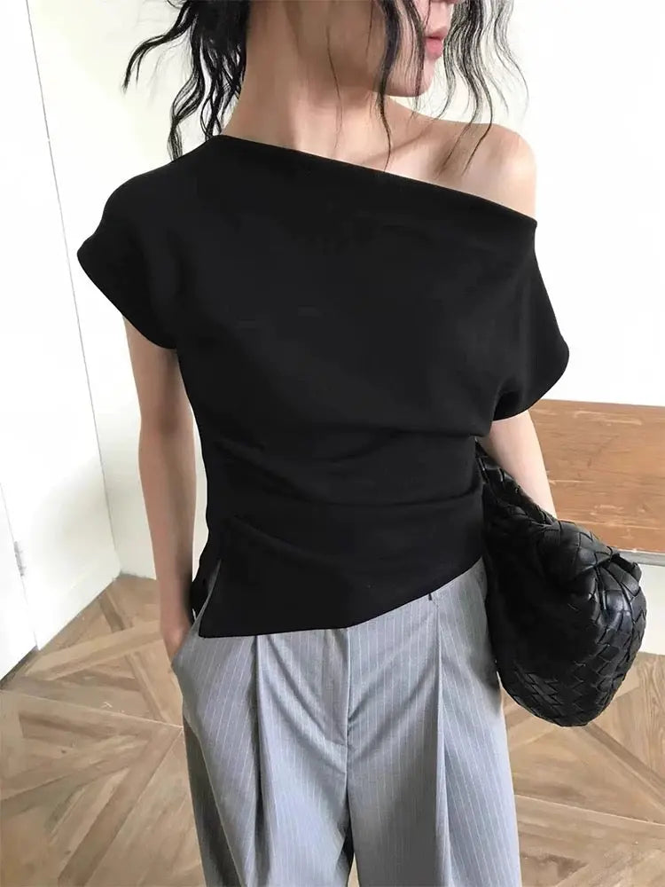 Pleated Off-Shoulder Irregular Versatile Top Plush Fashion Hub