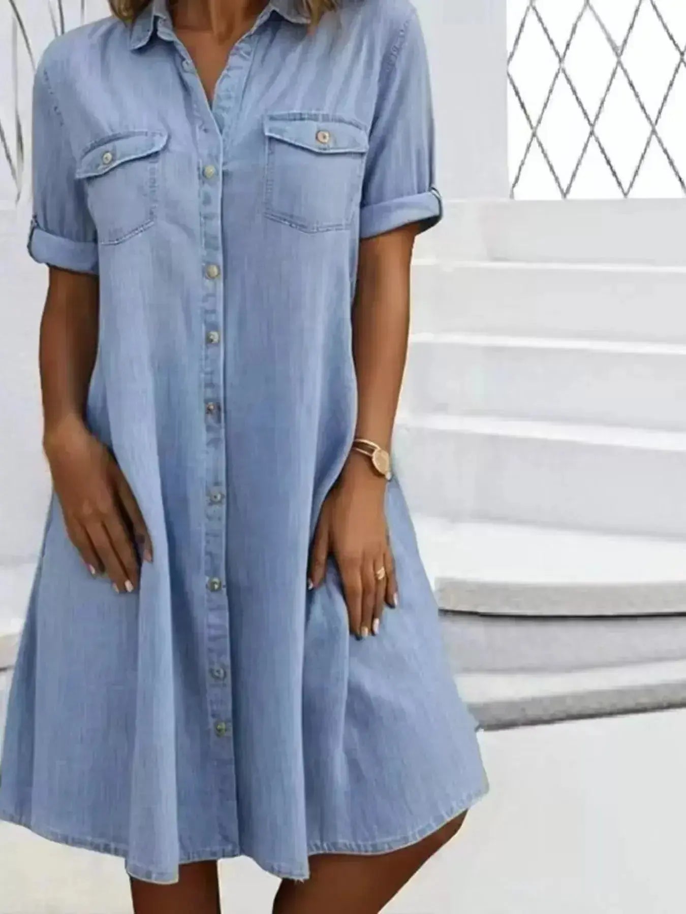 Full Size Button-Front Short Sleeve Denim Dress Plus Size - Plush Fashion Hub