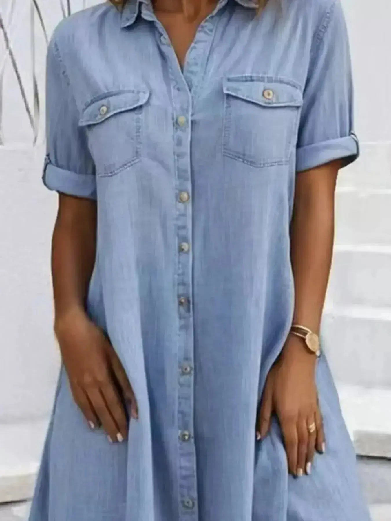 Full Size Button-Front Short Sleeve Denim Dress Plus Size - Plush Fashion Hub