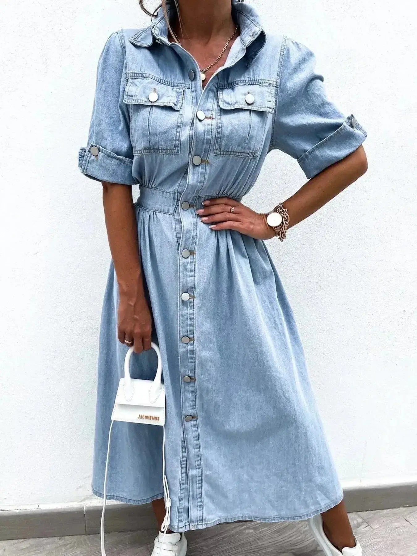 Full Size Button Down Roll-Up Sleeve Denim Shirt Dress Plus Size - Plush Fashion Hub