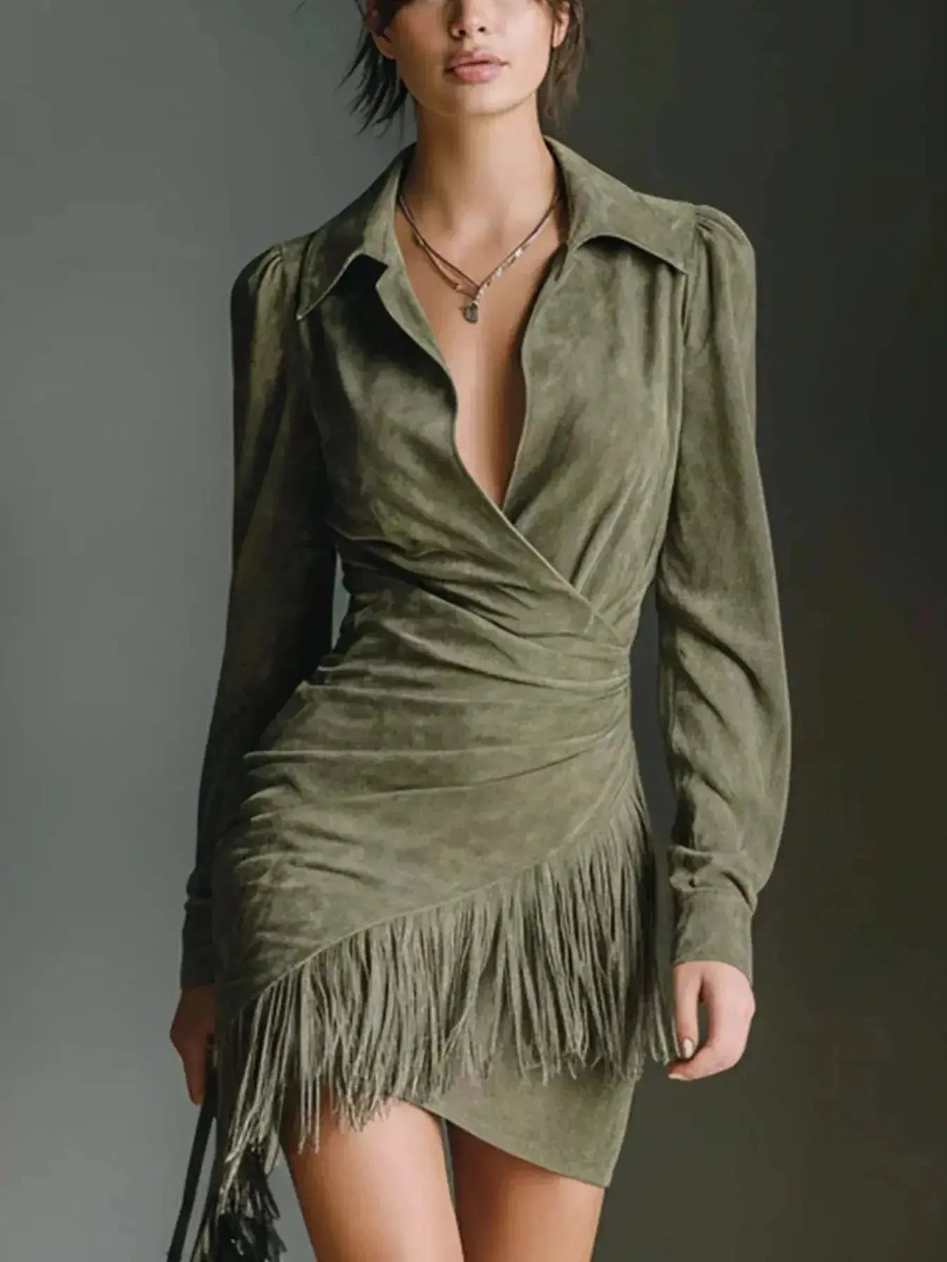 Full Size Suede Fringe Long Sleeve Dress Plus Size - Plush Fashion Hub