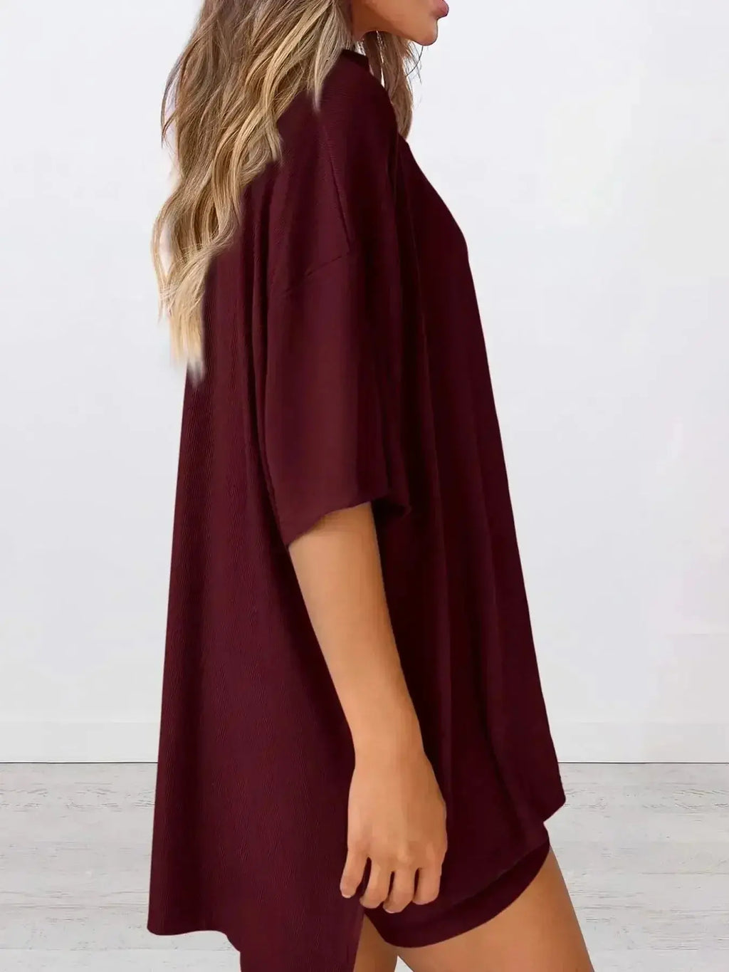 Plus size soft rayon lounge set with slit neck design, cozy pajamas for women, featuring an oversized fit and relaxed style.