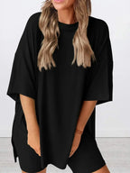 Plus size oversized slit neck lounge set for women, soft rayon pajamas with relaxed fit, ideal for comfortable home wear.