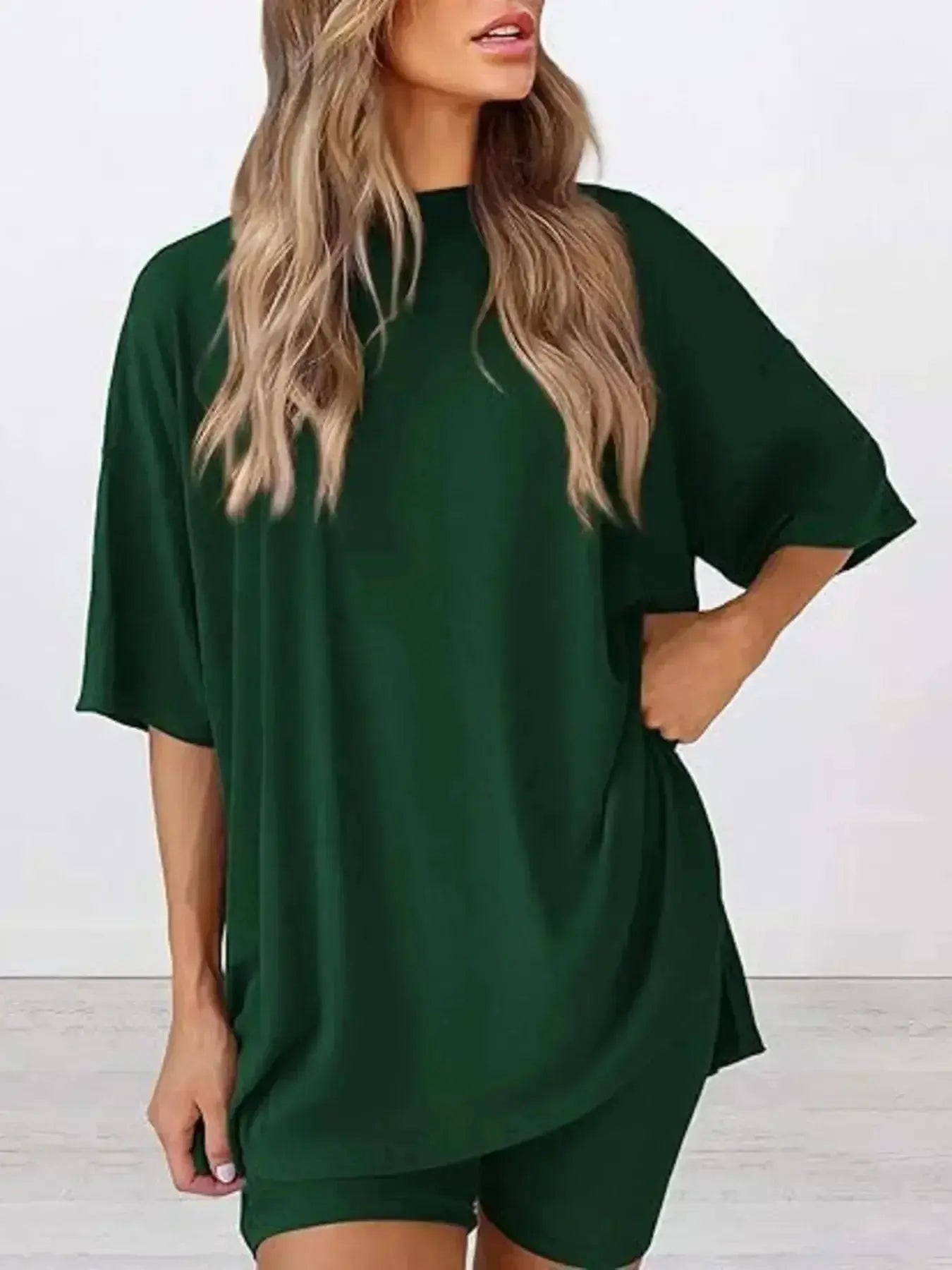 Plus size oversized slit neck lounge set for women, soft rayon pajamas with relaxed fit and comfortable design.