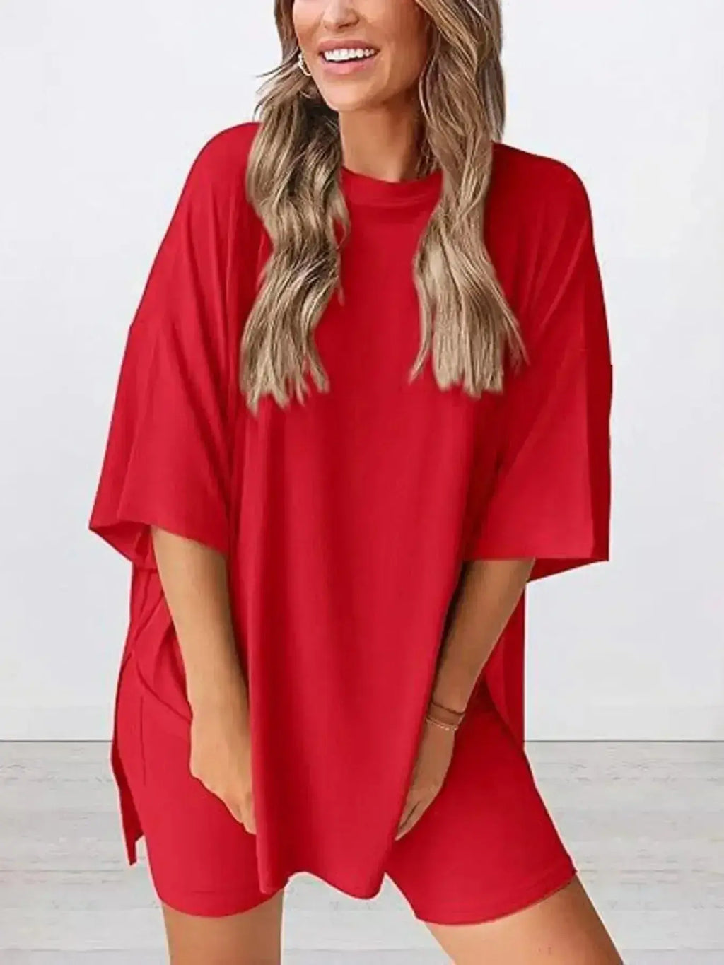 Plus size oversized slit neck lounge set for women, soft rayon pajamas with relaxed fit and comfortable design.