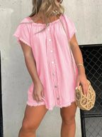 Plus size raw hem mini denim button-down dress by Trendsi, featuring a stretchy casual jean style with a relaxed fit.