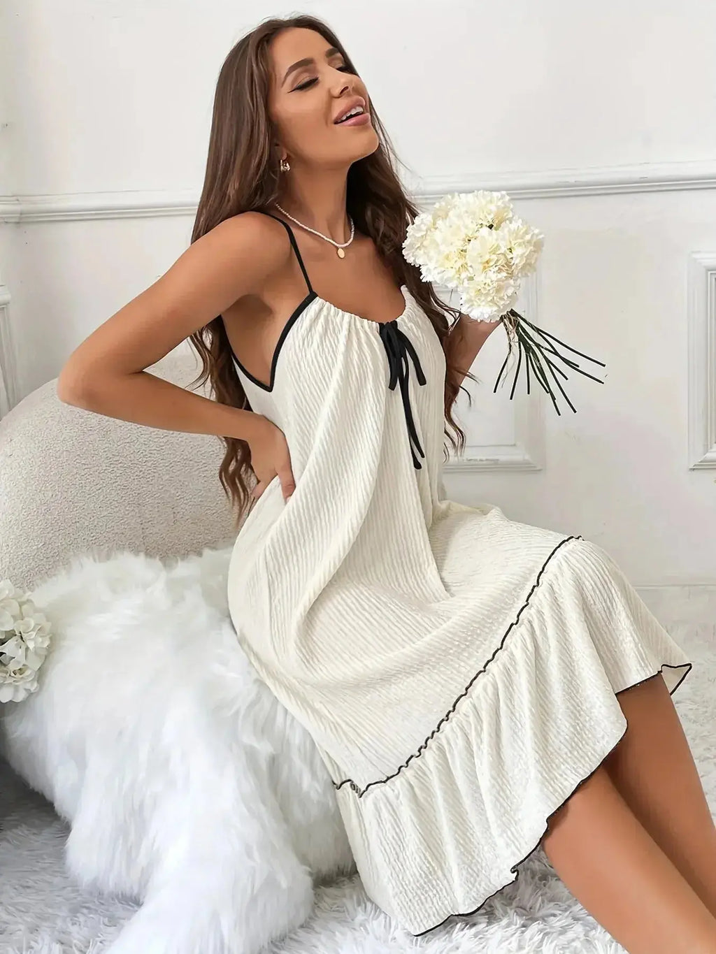 Plus size tiered ruffled lounge dress with contrast trim, cozy loungewear pajamas by Trendsi, soft and comfortable for relaxing days.